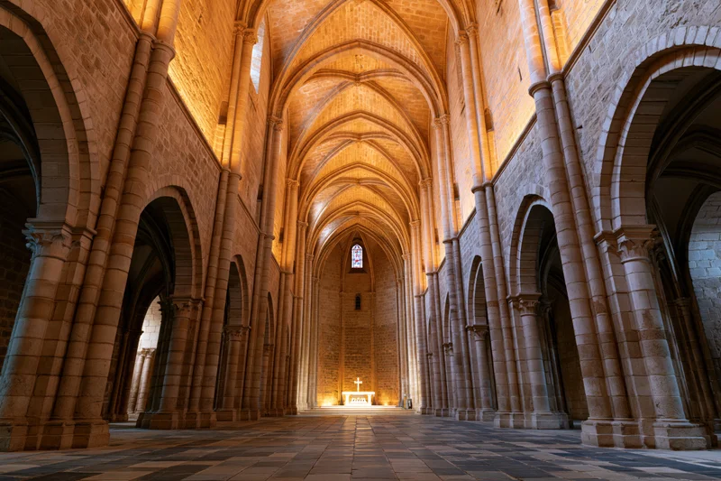Interior of a medieval gothic cathedral nave with stone arches and columns leading to an altar with a cross