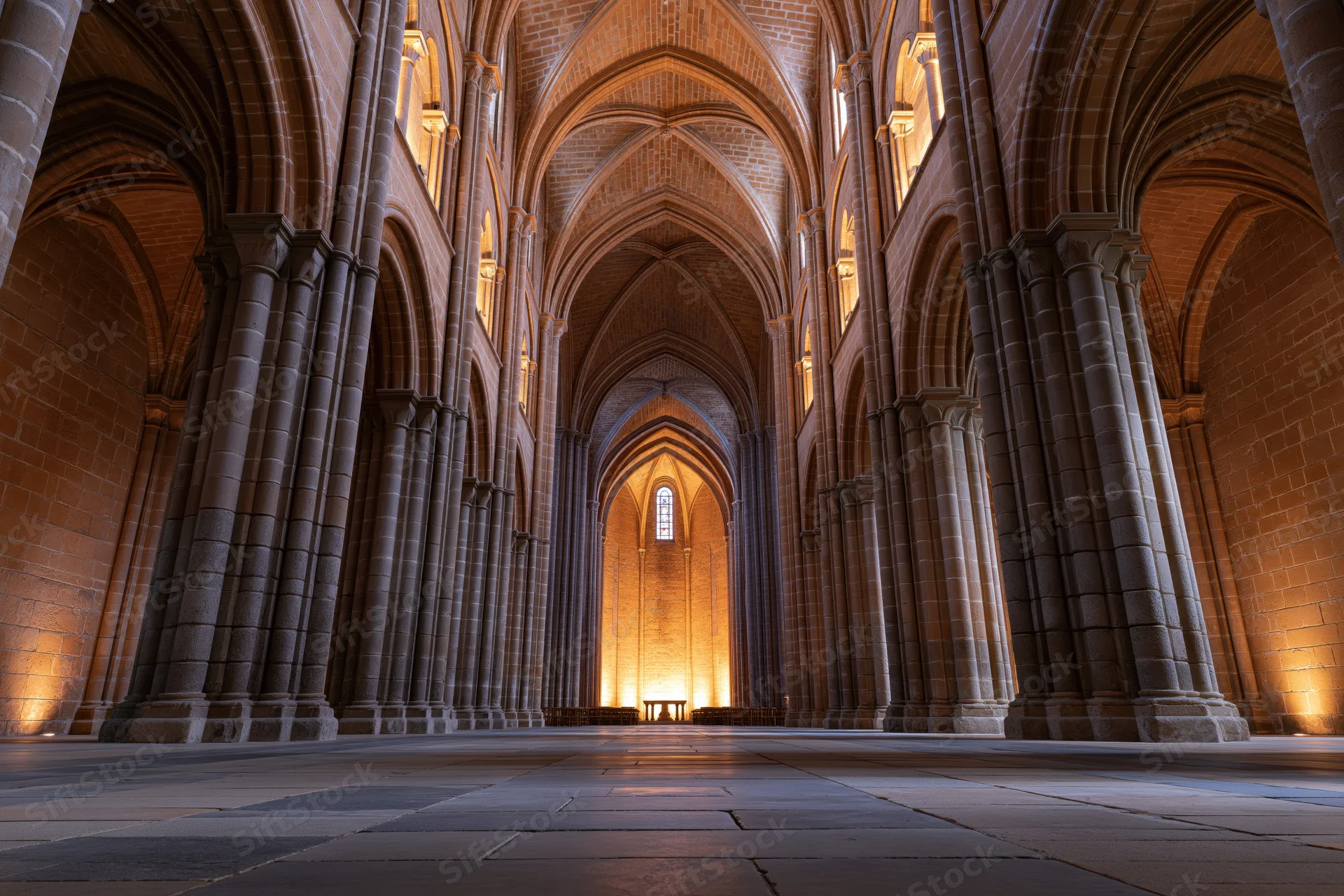 Interior of a medieval gothic cathedral nave with stone columns and vaulted arches leading to a lit altar at the far end
