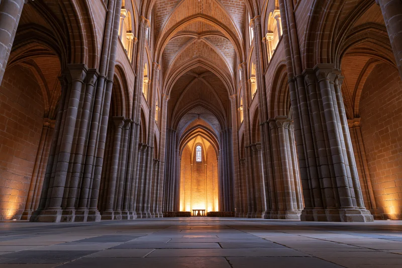 Interior of a medieval gothic cathedral nave with stone columns and vaulted arches leading to a lit altar at the far end