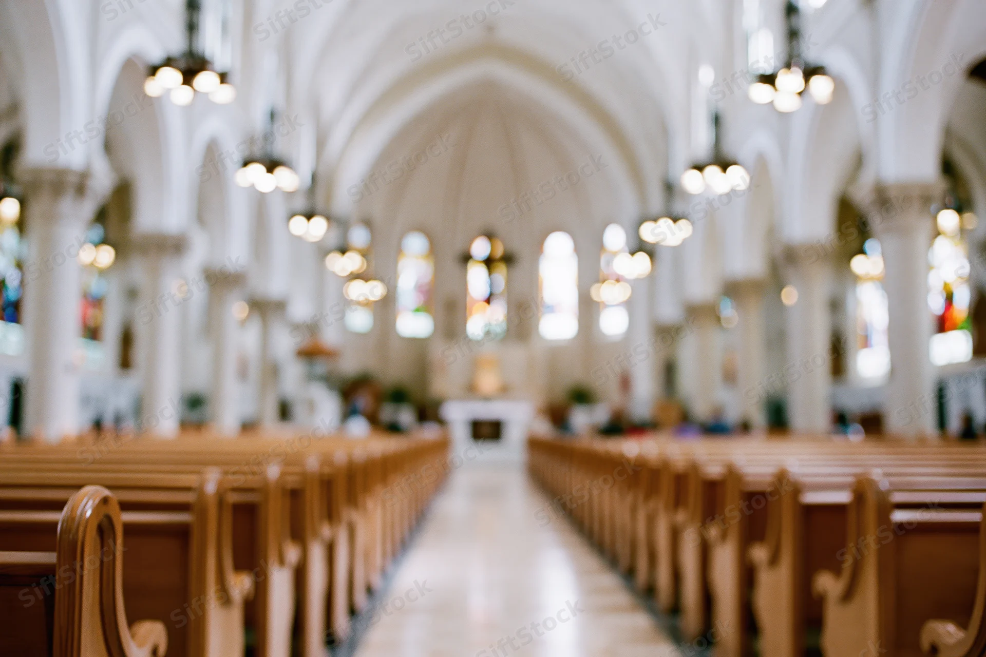 Interior of a catholic church nave with wooden pews and arched ceiling viewed from the back