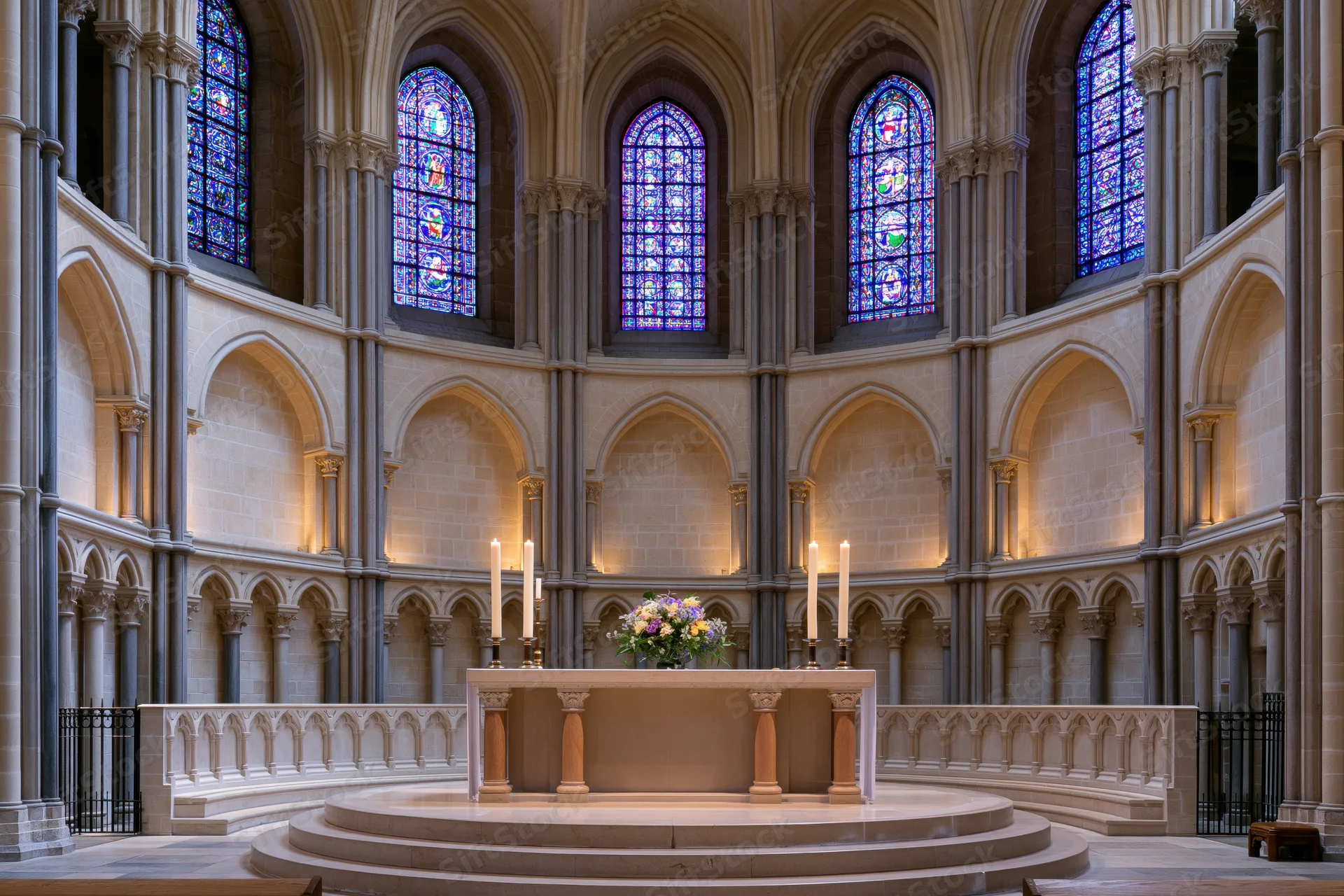 Wide symmetrical view of a gothic cathedral apse with altar and stained glass windows
