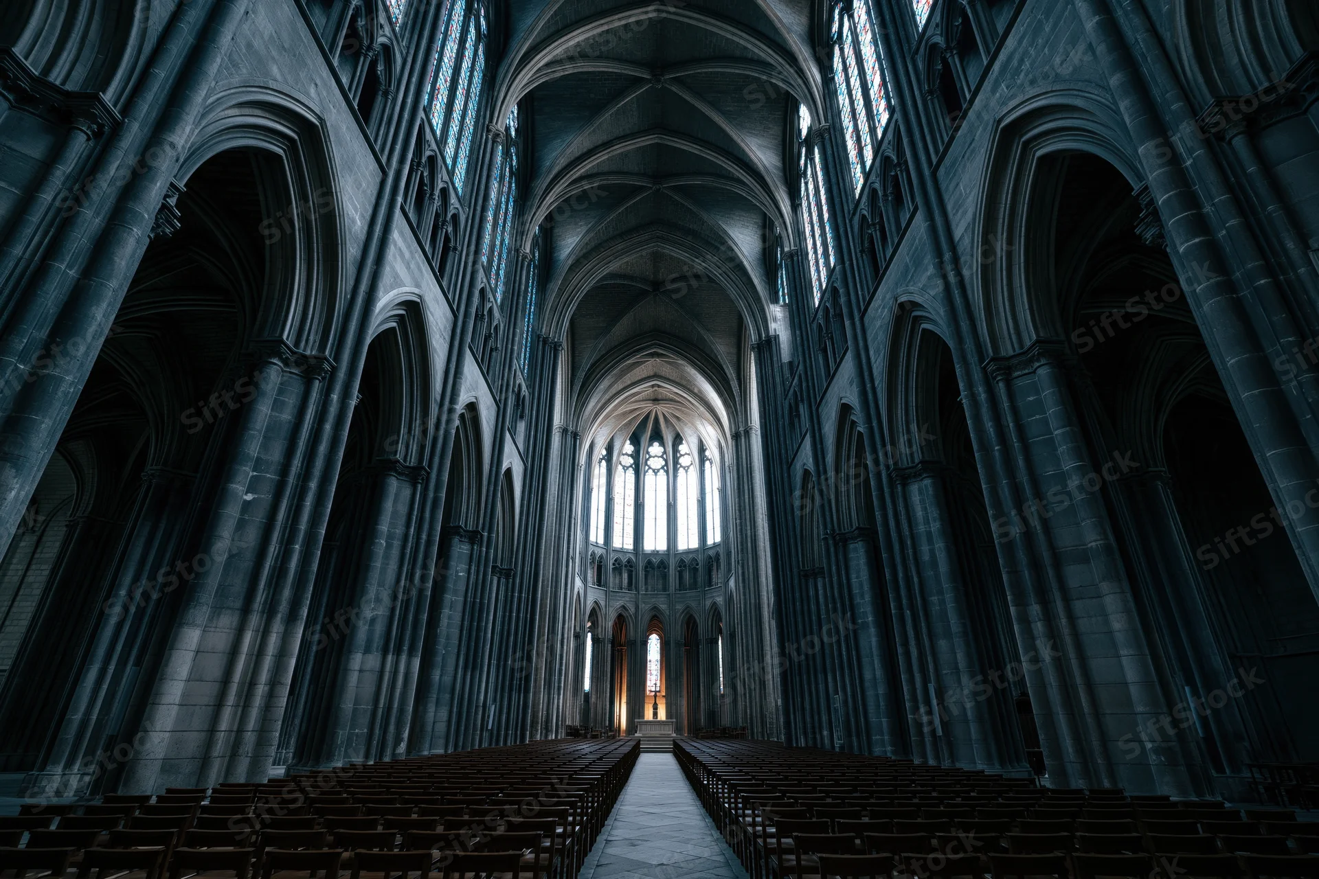 Gothic cathedral nave interior with stone arches and stained glass windows lining the central aisle