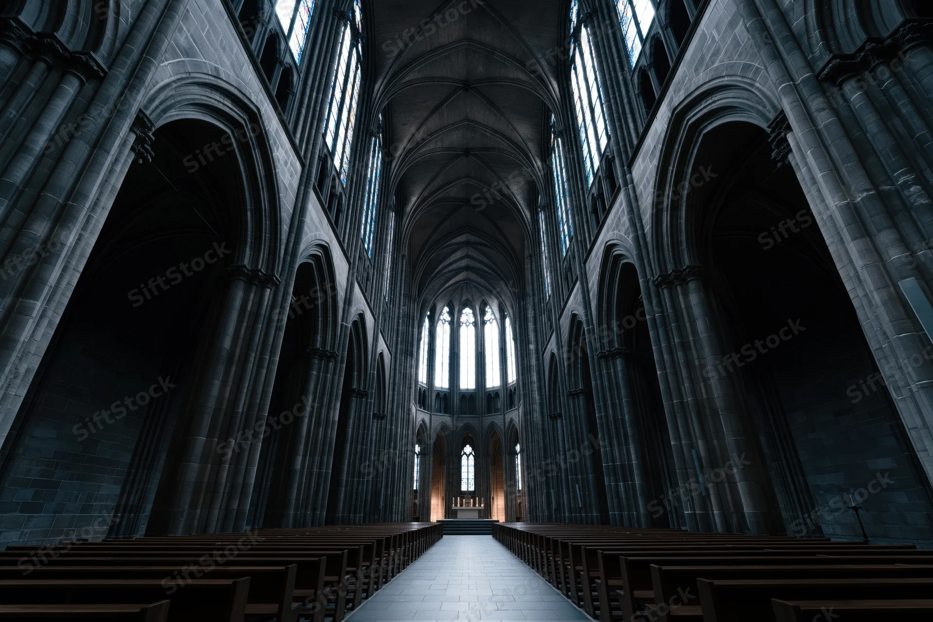 Gothic cathedral nave interior with stone arches and pews leading to altar under vaulted ceiling