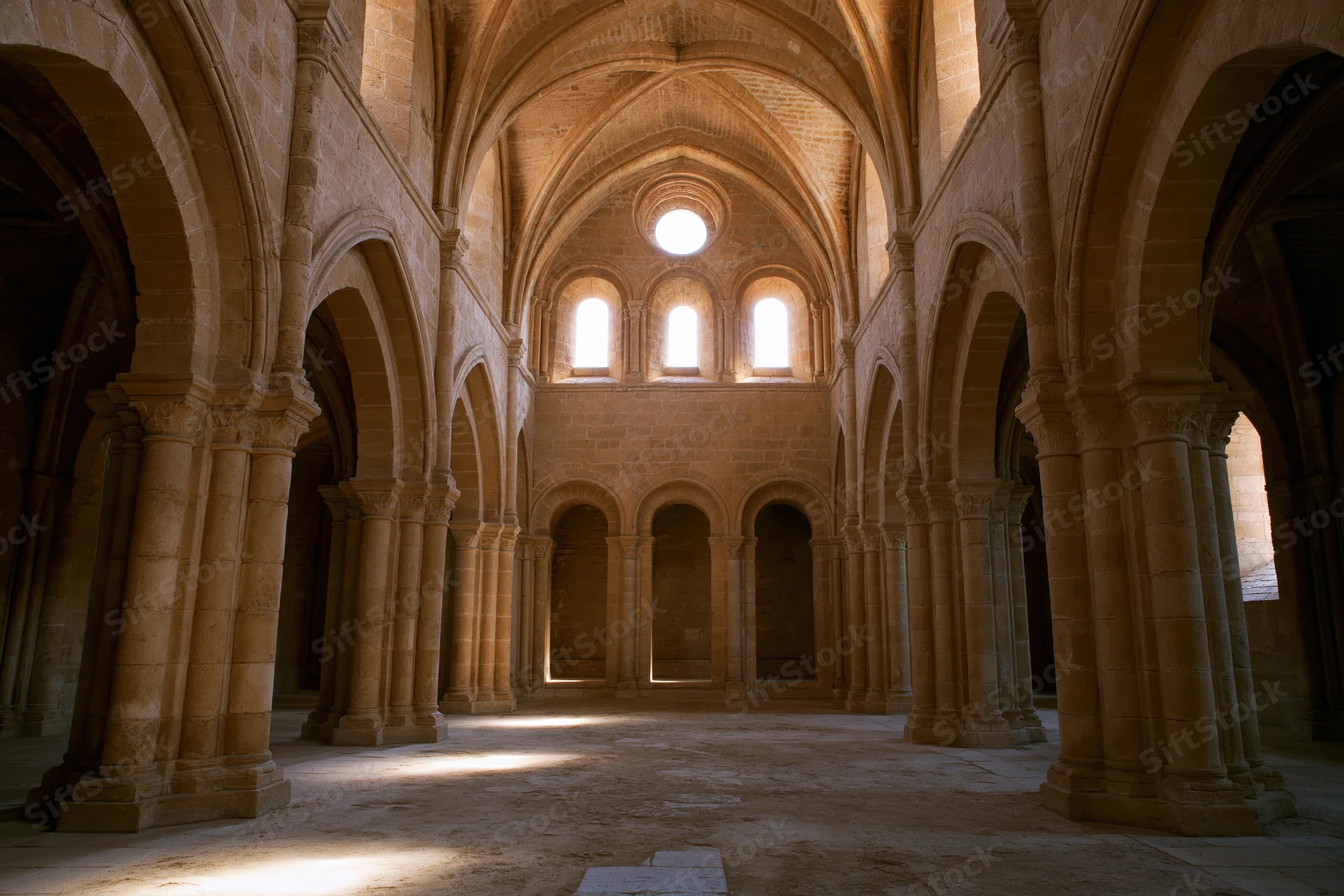 Interior of a roman church nave with stone columns and arched vaults lit by sunlight through clerestory windows