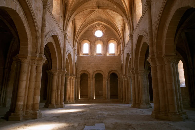 Interior of a roman church nave with stone columns and arched vaults lit by sunlight through clerestory windows