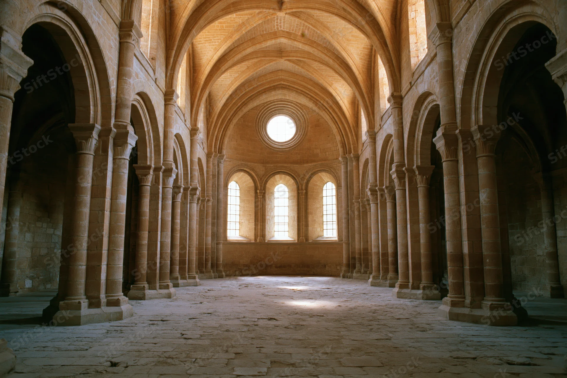 Interior of a roman church nave with stone arches and vaulted ceiling leading to apse windows