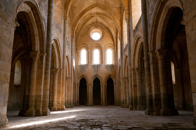 Interior of a roman abbey church nave with stone columns and arched vaults, lit by sunlight through high windows