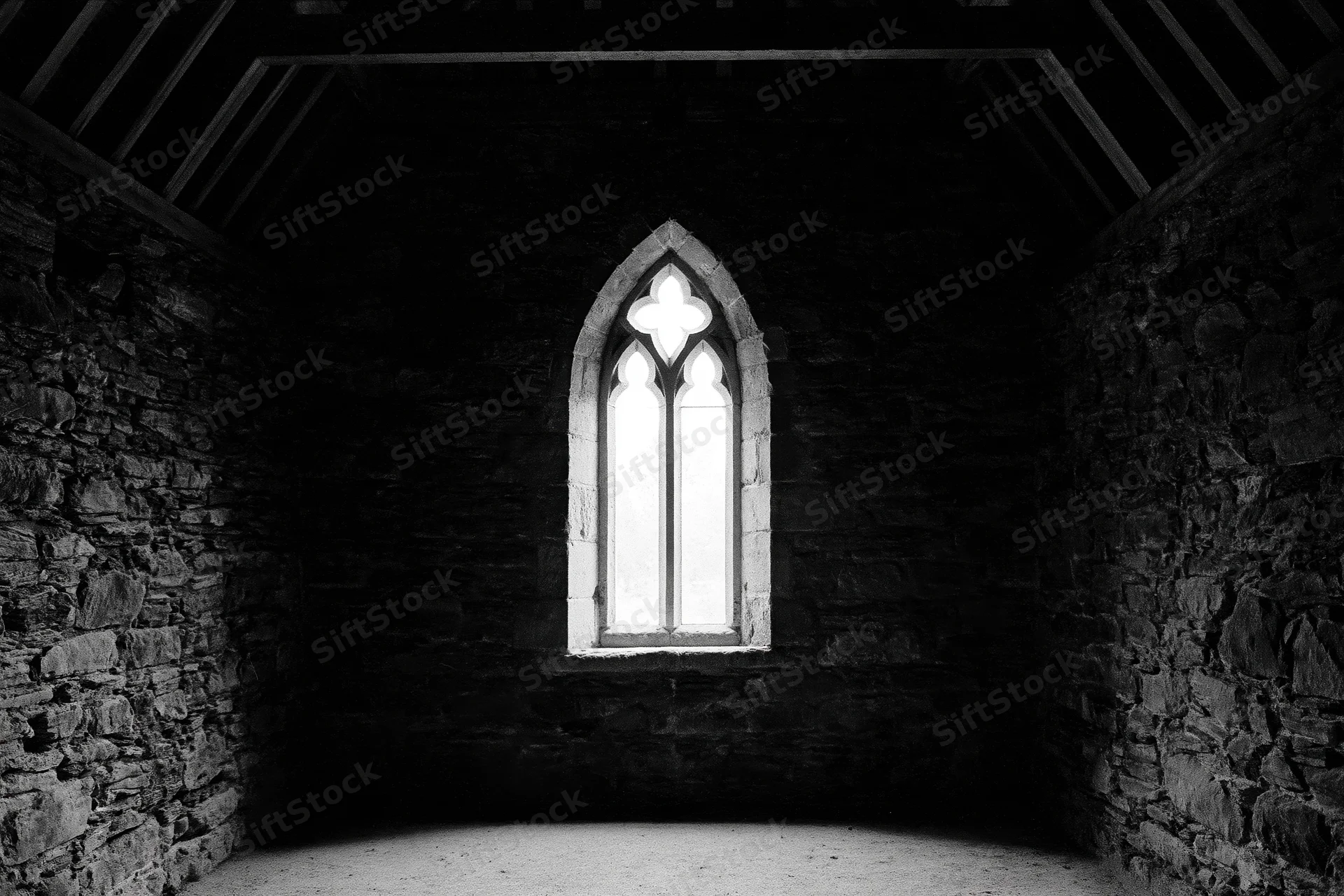Dark interior of a medieval stone chapel with a single tall gothic window letting in light