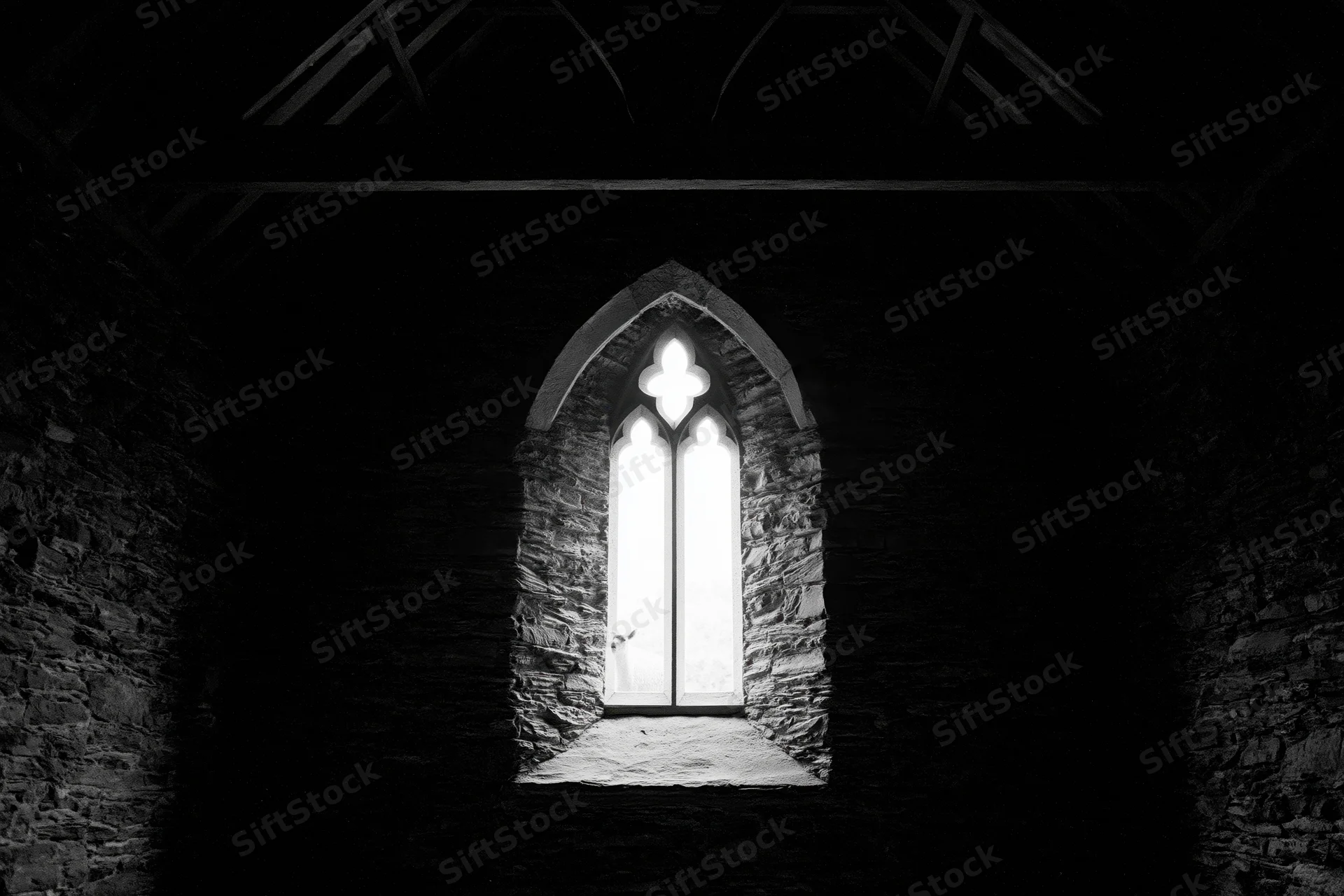 Dark interior of a medieval stone chapel with a single tall gothic window letting in light