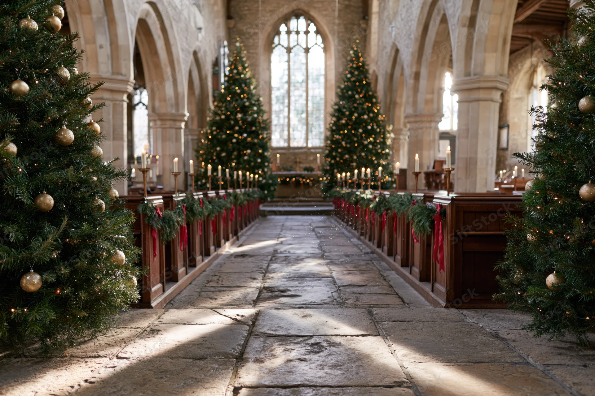 Christmas trees and candles lining the stone aisle of a historic church interior