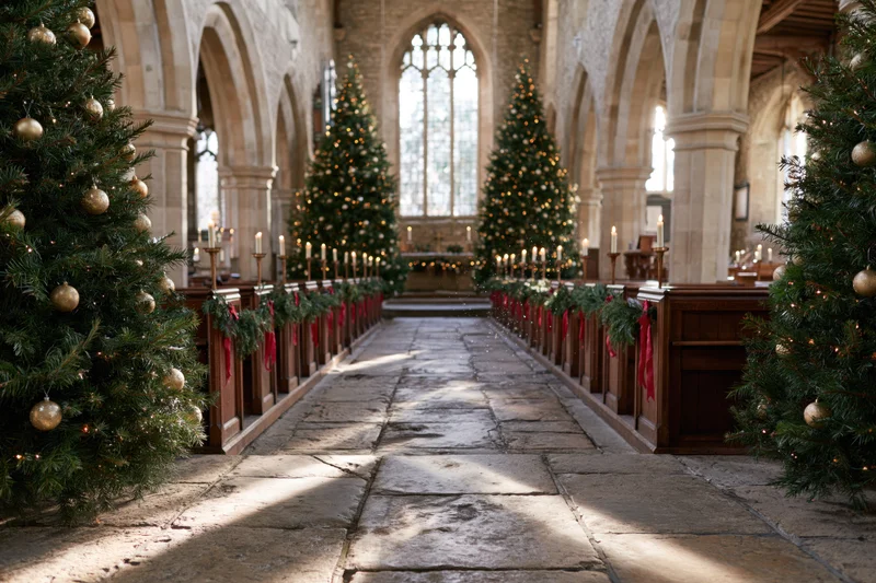 Christmas trees and candles lining the stone aisle of a historic church interior