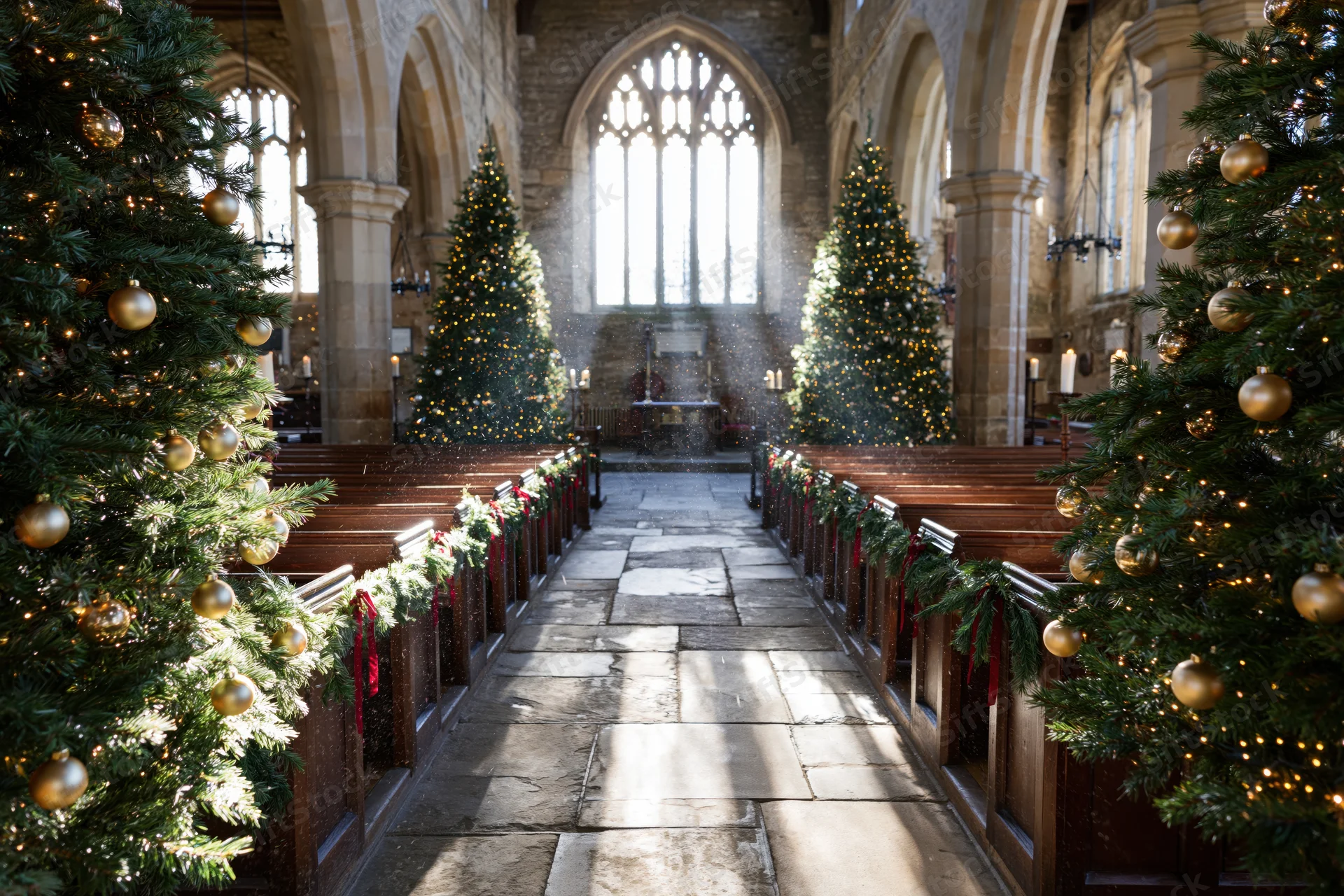 Christmas trees and garlands lining the aisle of a historic stone church interior