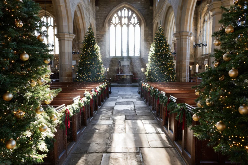 Christmas trees and garlands lining the aisle of a historic stone church interior