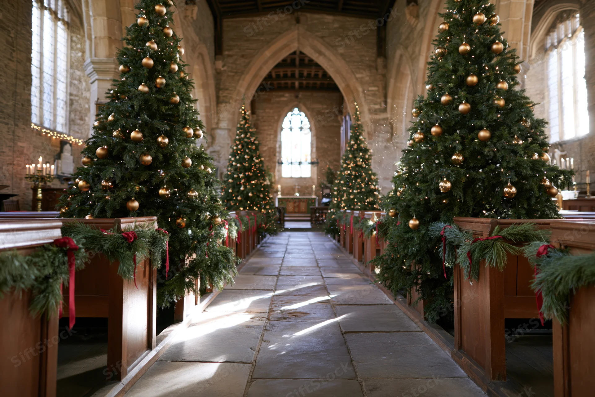 Christmas trees and garlands lining the aisle of a historic stone church interior