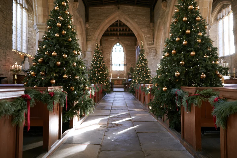 Christmas trees and garlands lining the aisle of a historic stone church interior