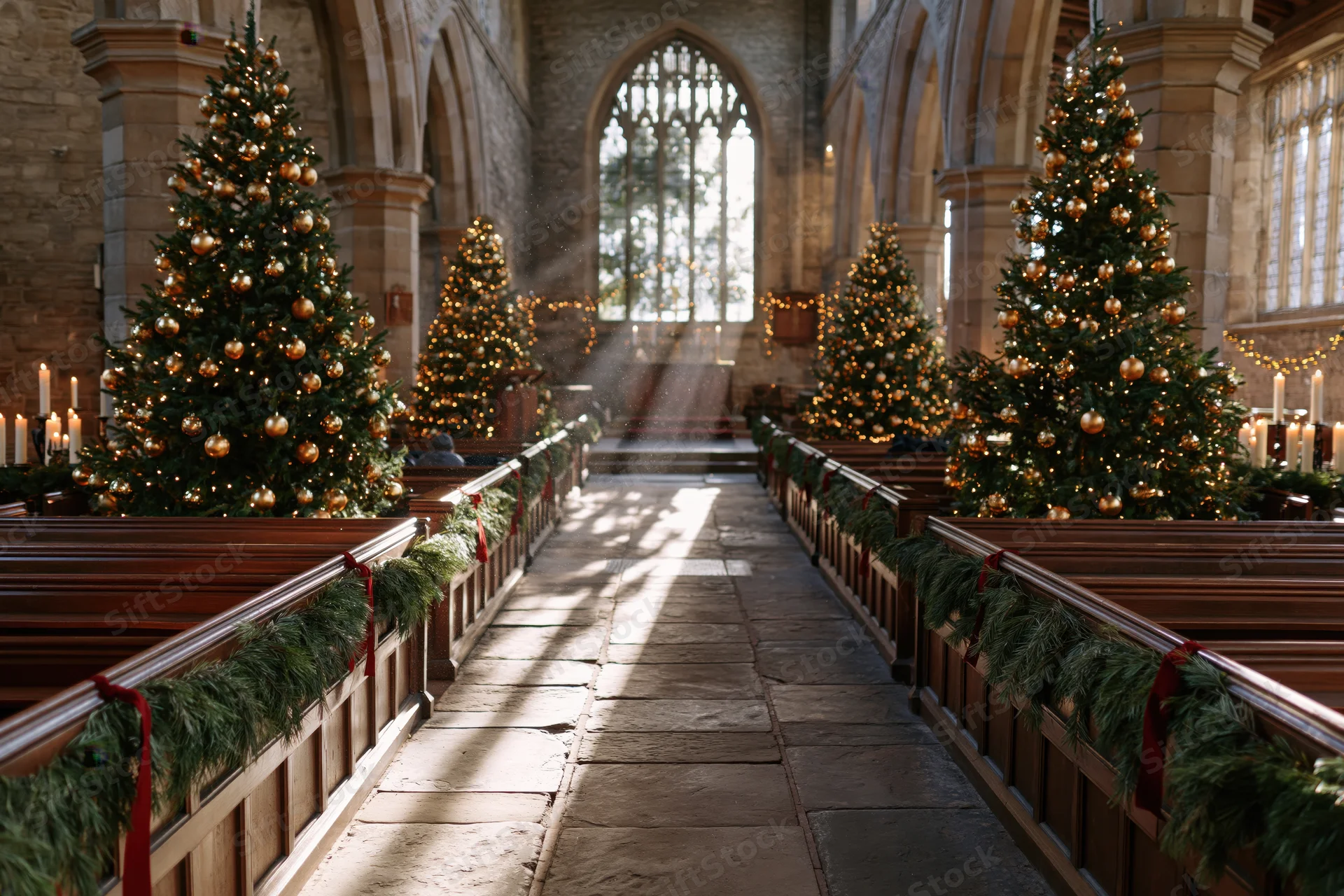 Christmas-decorated church interior with lit trees and garlands along the nave aisle