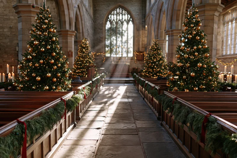 Christmas-decorated church interior with lit trees and garlands along the nave aisle
