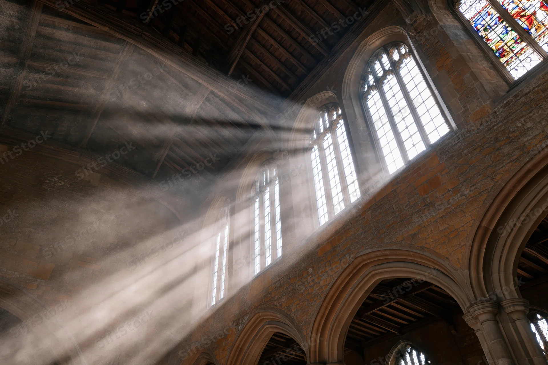 Sunlight beams through stained glass windows in the stone nave of a medieval english cathedral