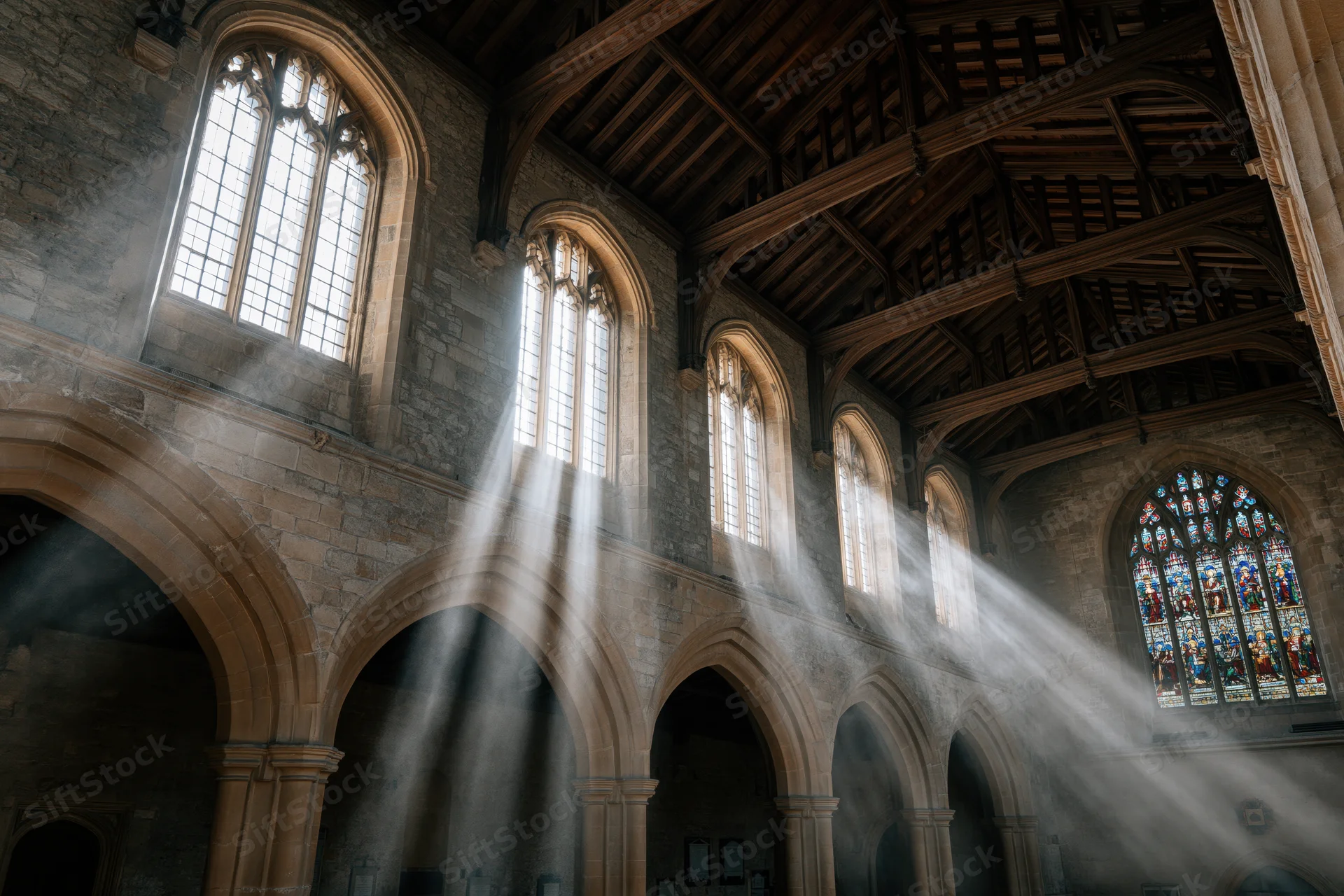 Sunbeams streaming through arched windows in a medieval english cathedral nave