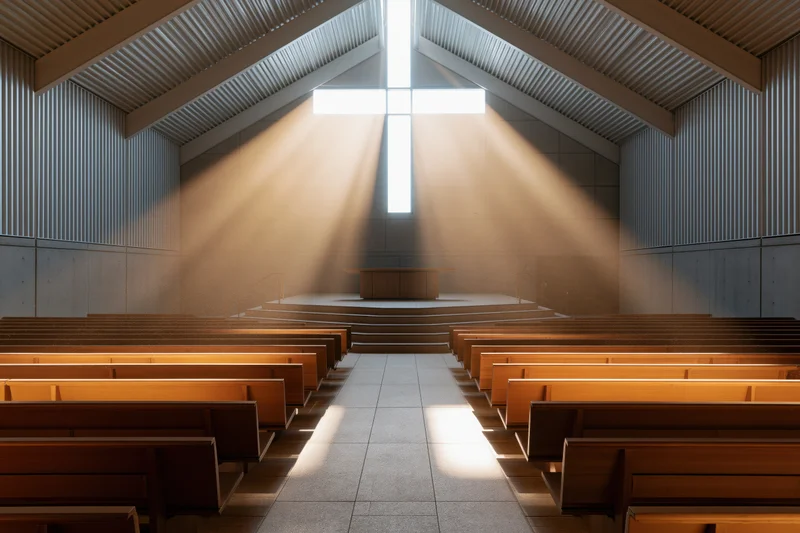 Modern church sanctuary with wooden pews and cross-shaped window casting light rays down the central aisle
