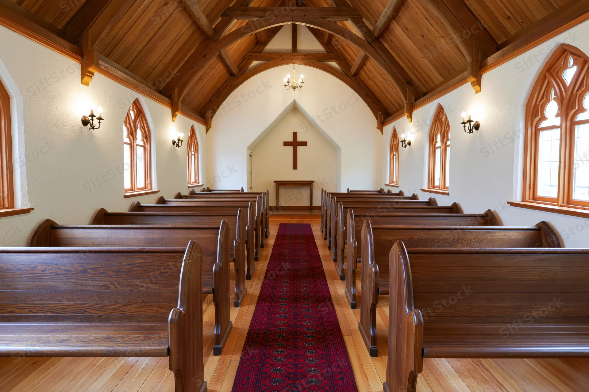 Wooden chapel interior with empty pews lining a red rug aisle toward a cross at the altar