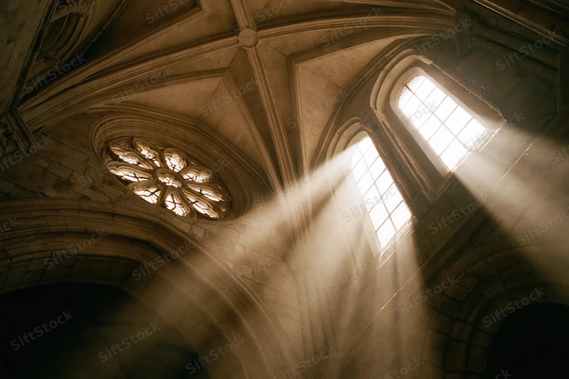 Interior of a stone gothic church with sunlight streaming through arched windows and a rose window in the vaulted ceiling
