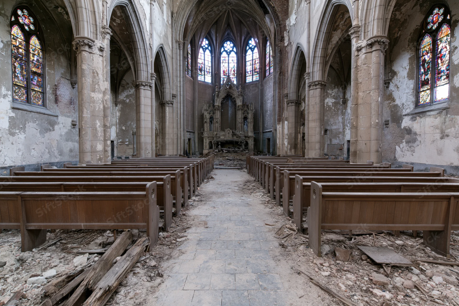 Abandoned gothic church nave with ruined pews and stained glass windows lining the aisle