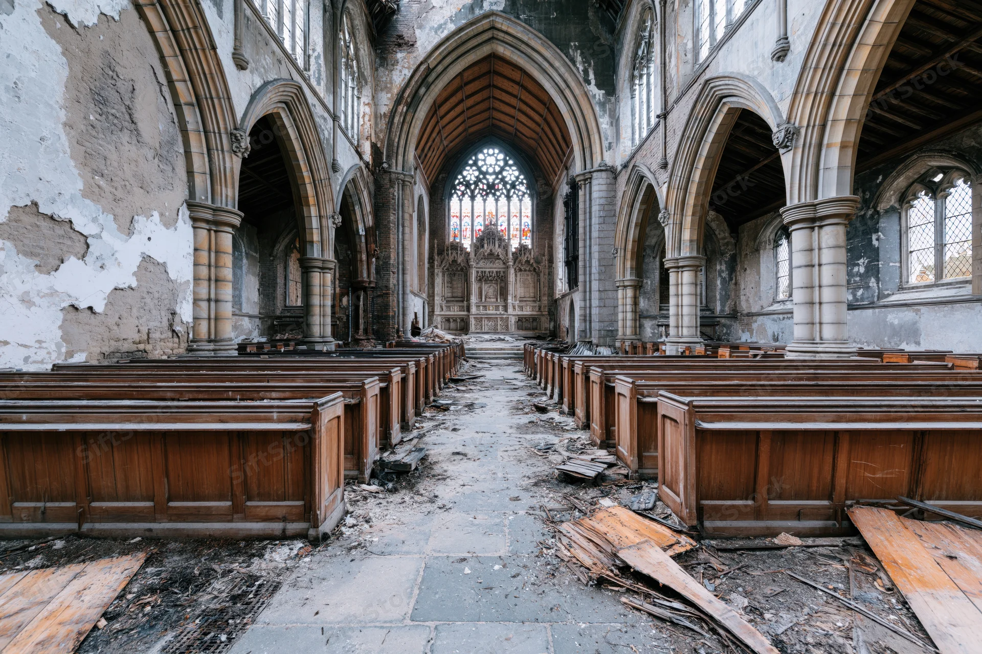 Abandoned gothic church nave with damaged pews and debris along the central aisle