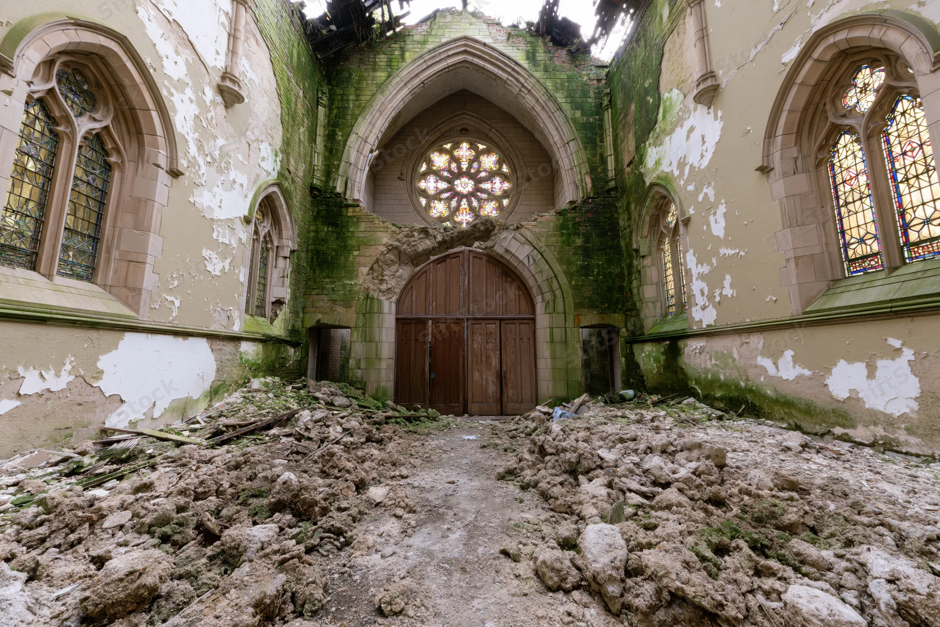 Interior of abandoned gothic church nave with collapsed ceiling and rubble covering floor
