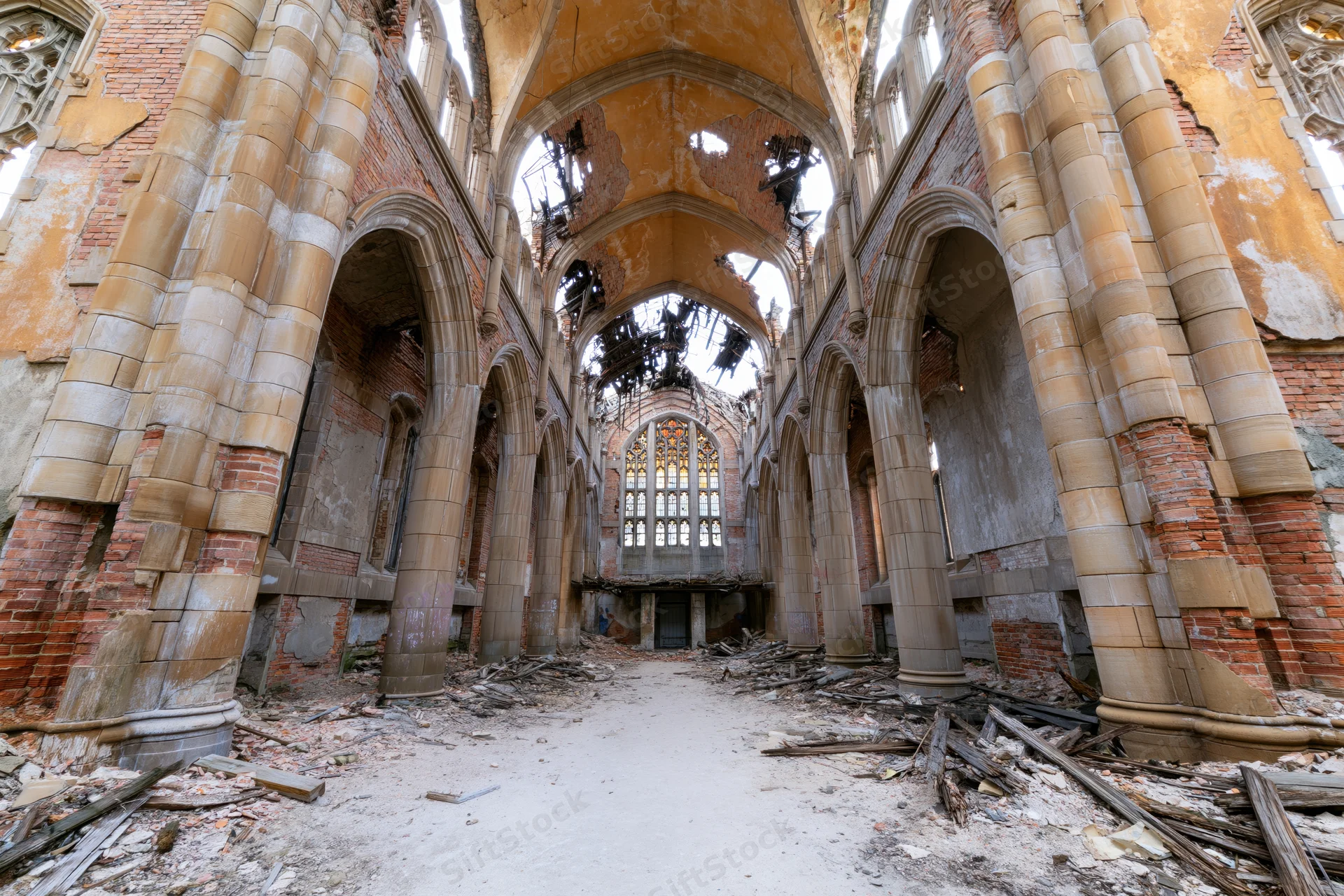 Interior of abandoned gothic stone church nave with collapsed ceiling and rubble on floor