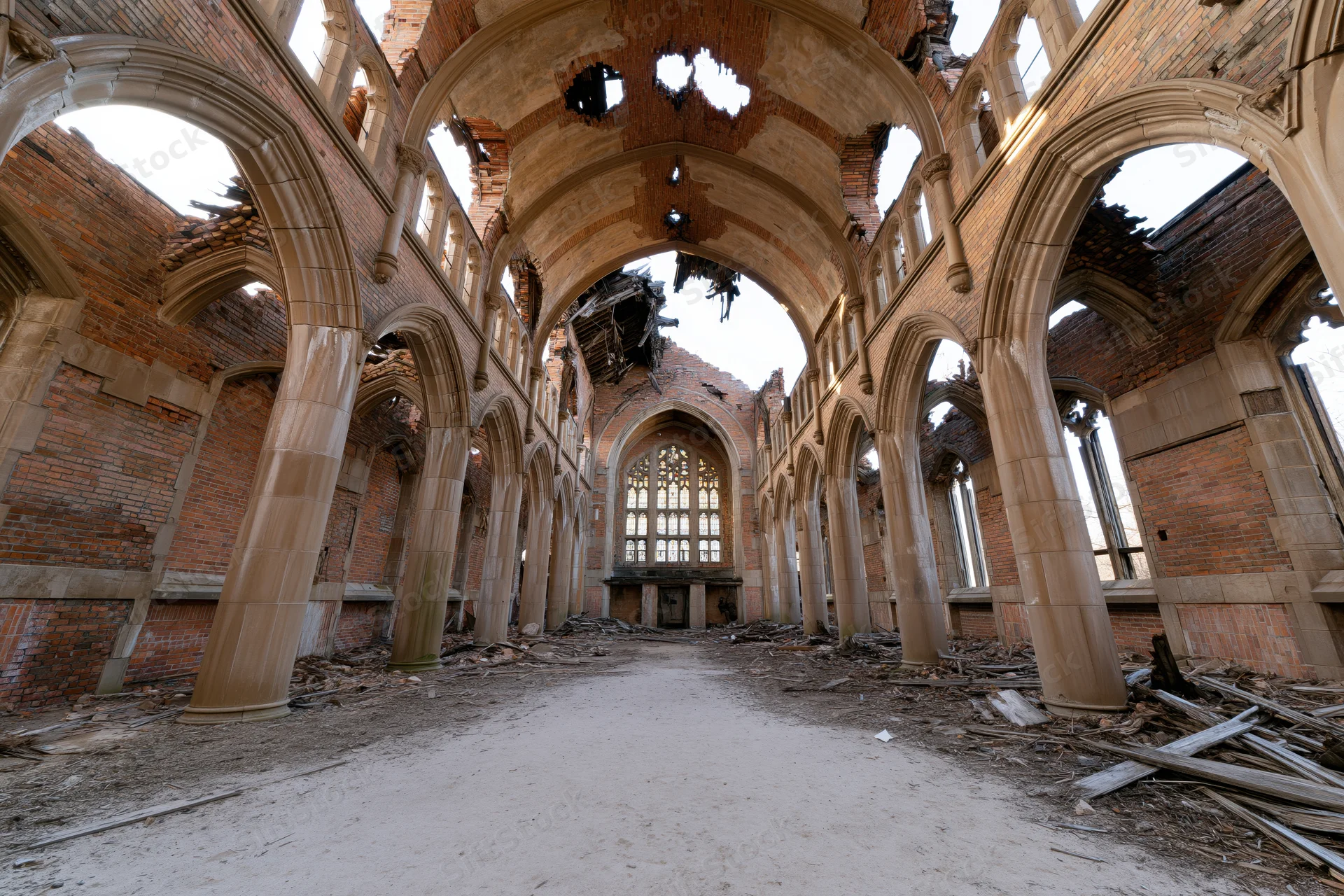 Interior of abandoned gothic church nave with broken ceiling and rubble on floor
