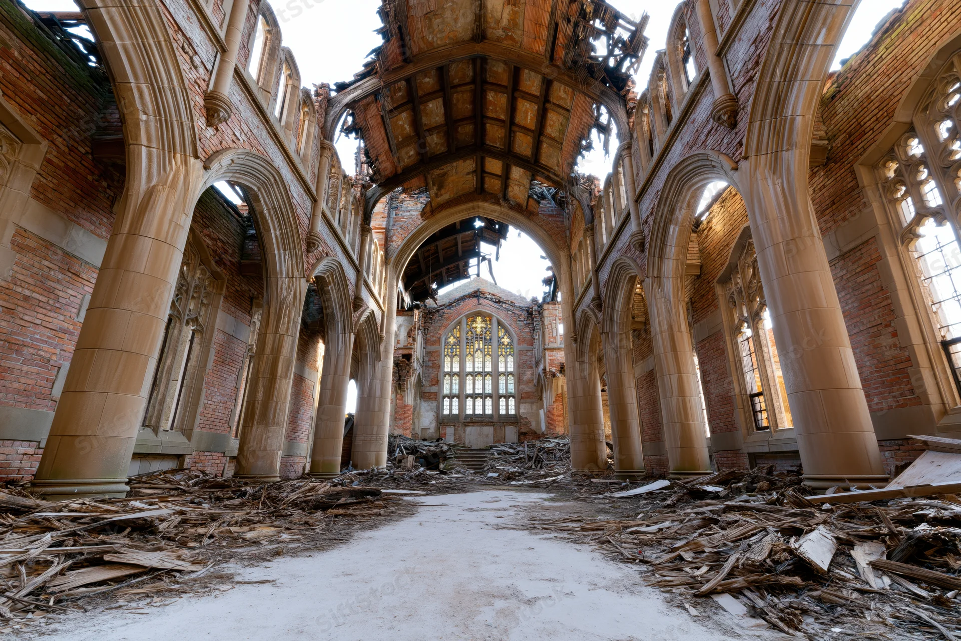 Interior of abandoned gothic stone church nave with collapsed roof and debris on floor