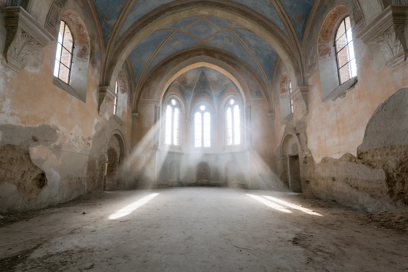 Empty nave of an abandoned roman church with sunlight streaming through arched windows