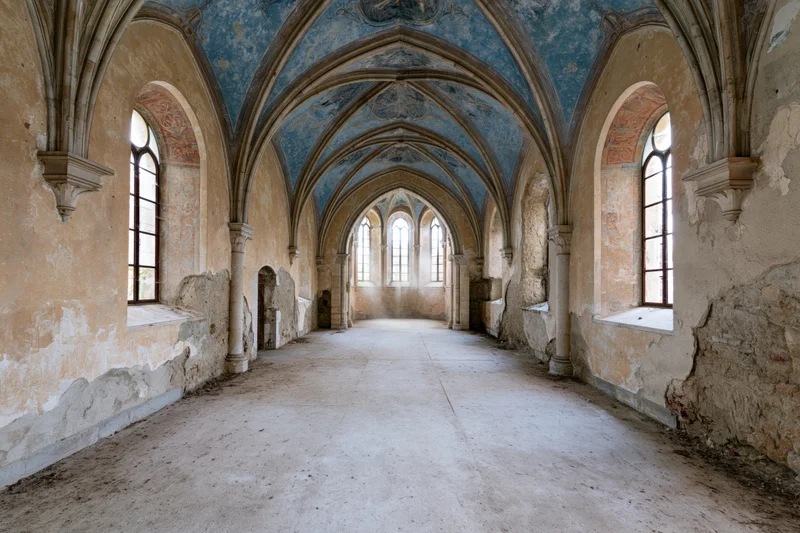 Empty nave of an abandoned gothic church with vaulted ceiling and arched windows