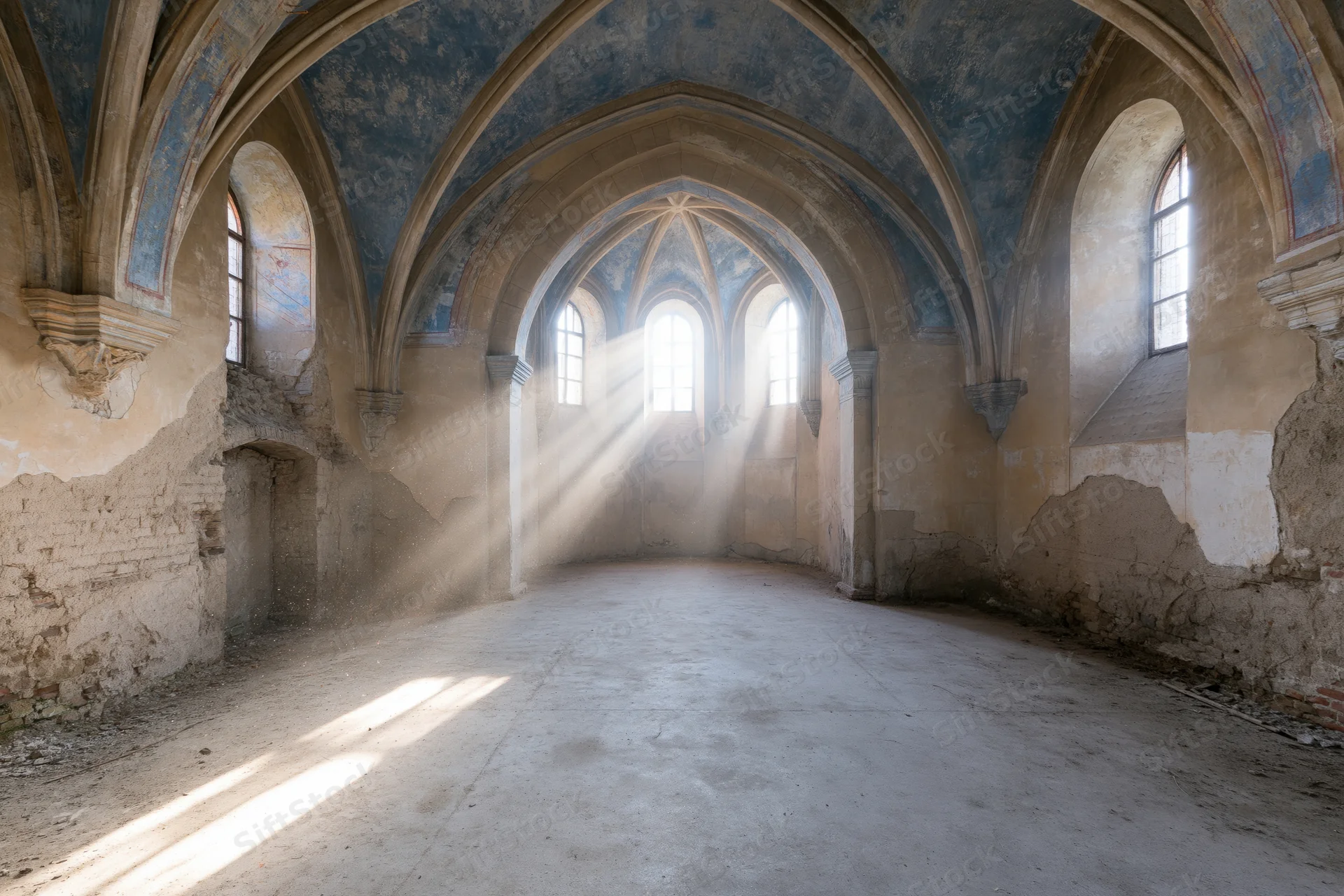 Empty nave of an abandoned roman church with sunlight streaming through arched windows