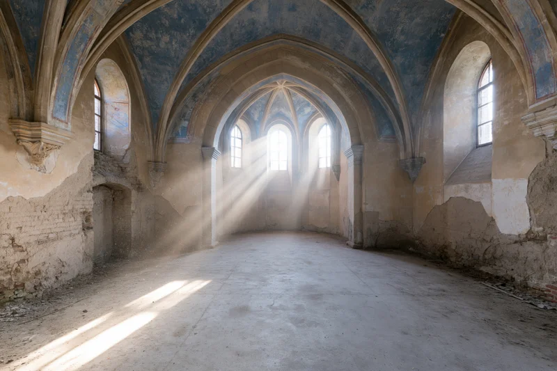 Empty nave of an abandoned roman church with sunlight streaming through arched windows