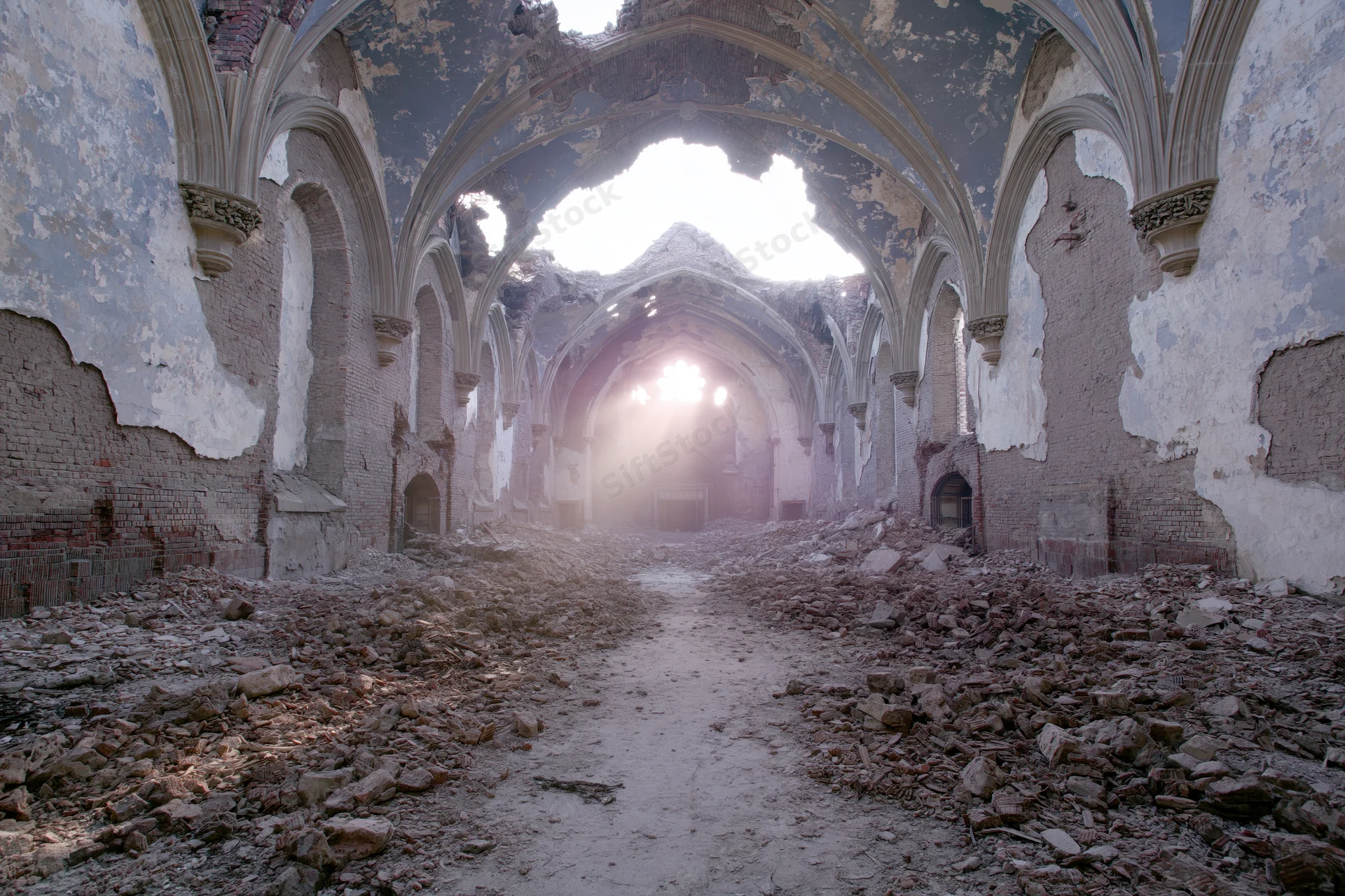 Crumbling gothic hall interior with collapsed ceiling and rubble-covered floor