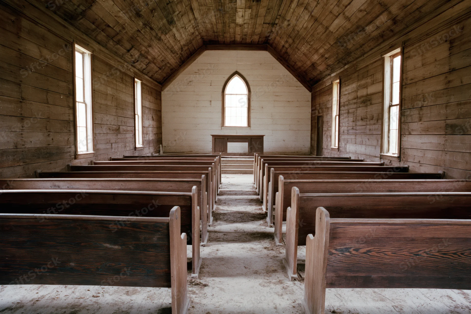 Empty wooden pews in a rural abandoned church interior with dirt floor and arched windows