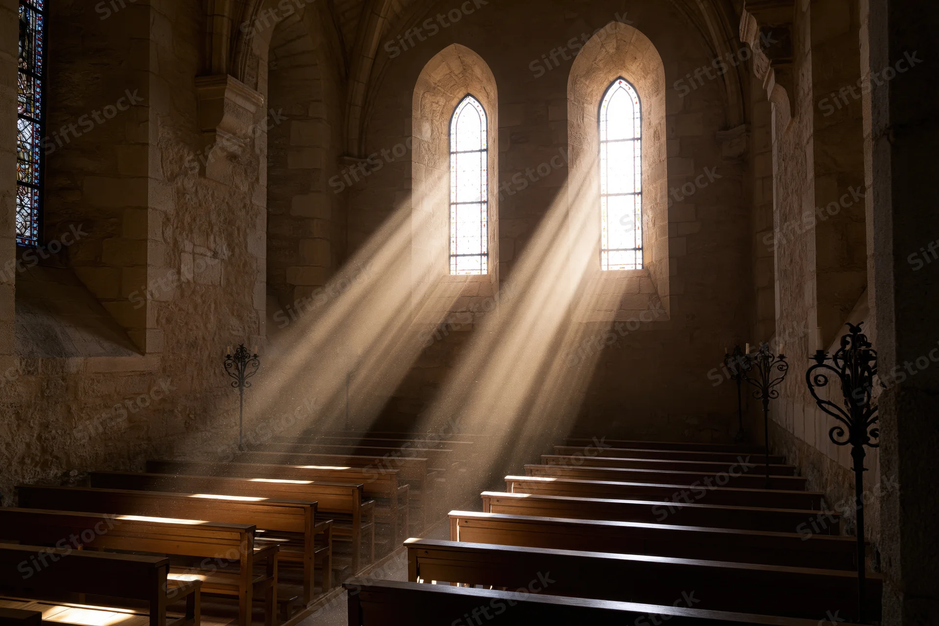 Sunlight streaming through arched windows onto wooden pews in an old stone church interior