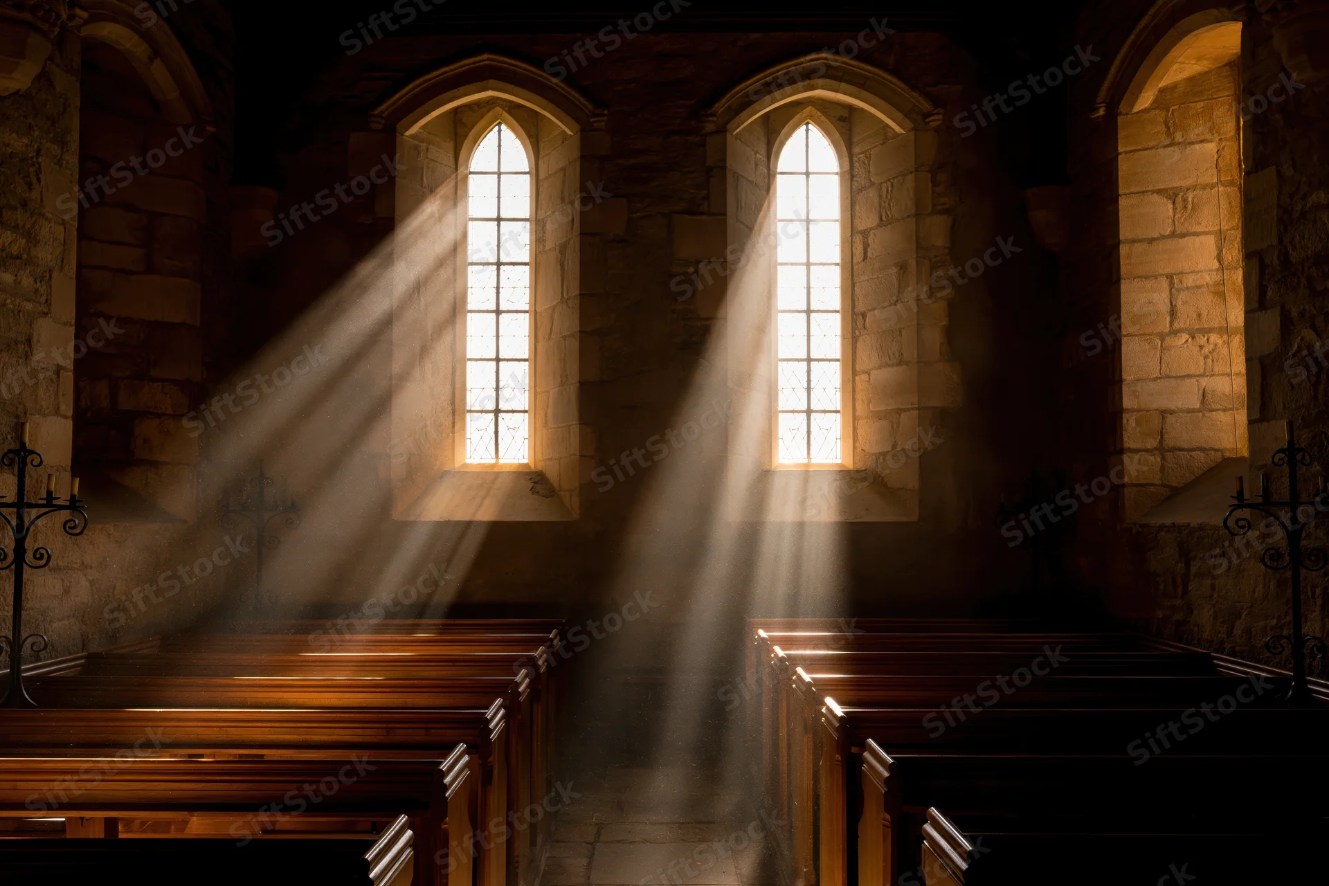 Sunlight streaming through arched windows in an old stone church interior with wooden pews receding into shadow