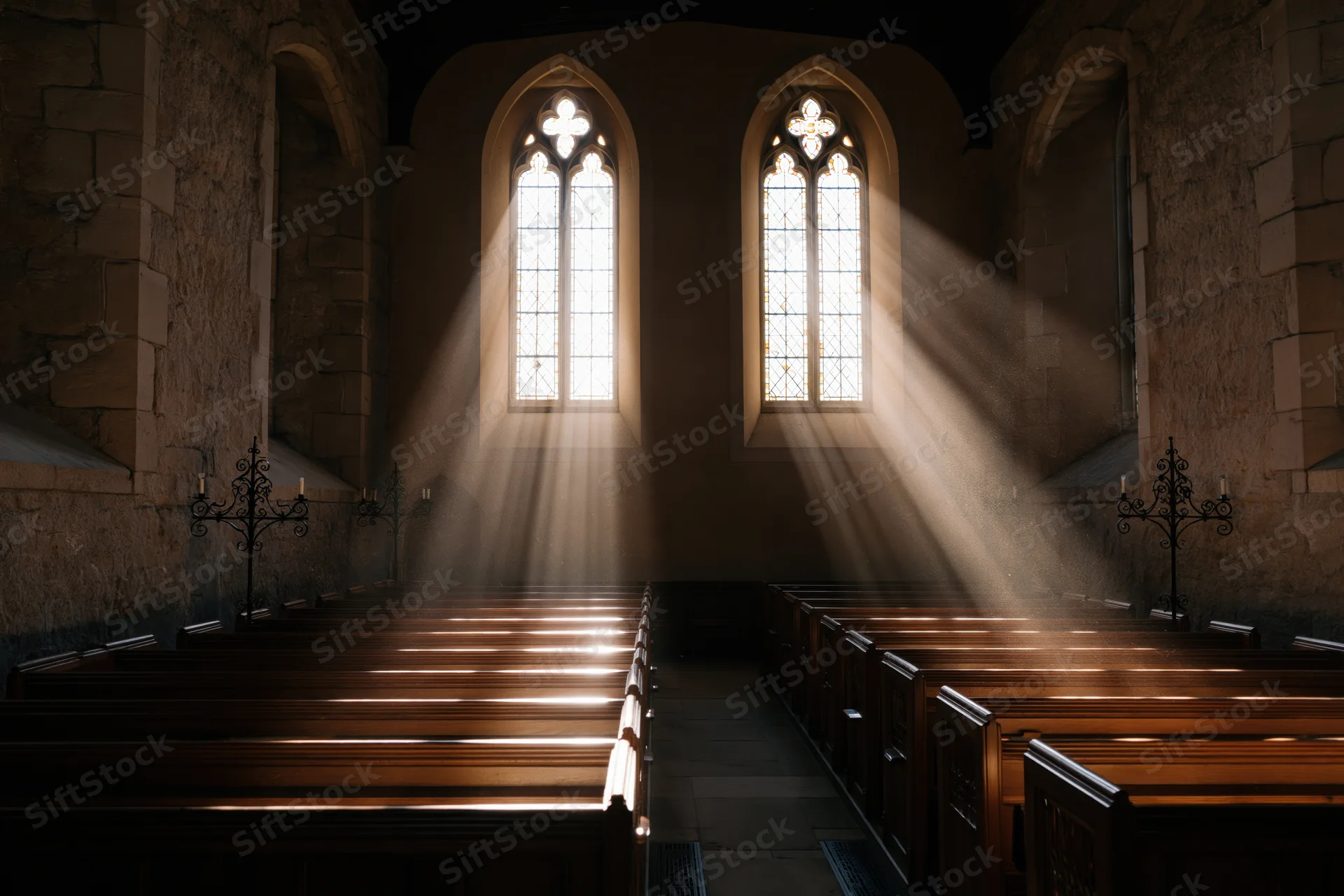 Sunlight streaming through arched stained glass windows onto wooden pews in an empty stone church interior
