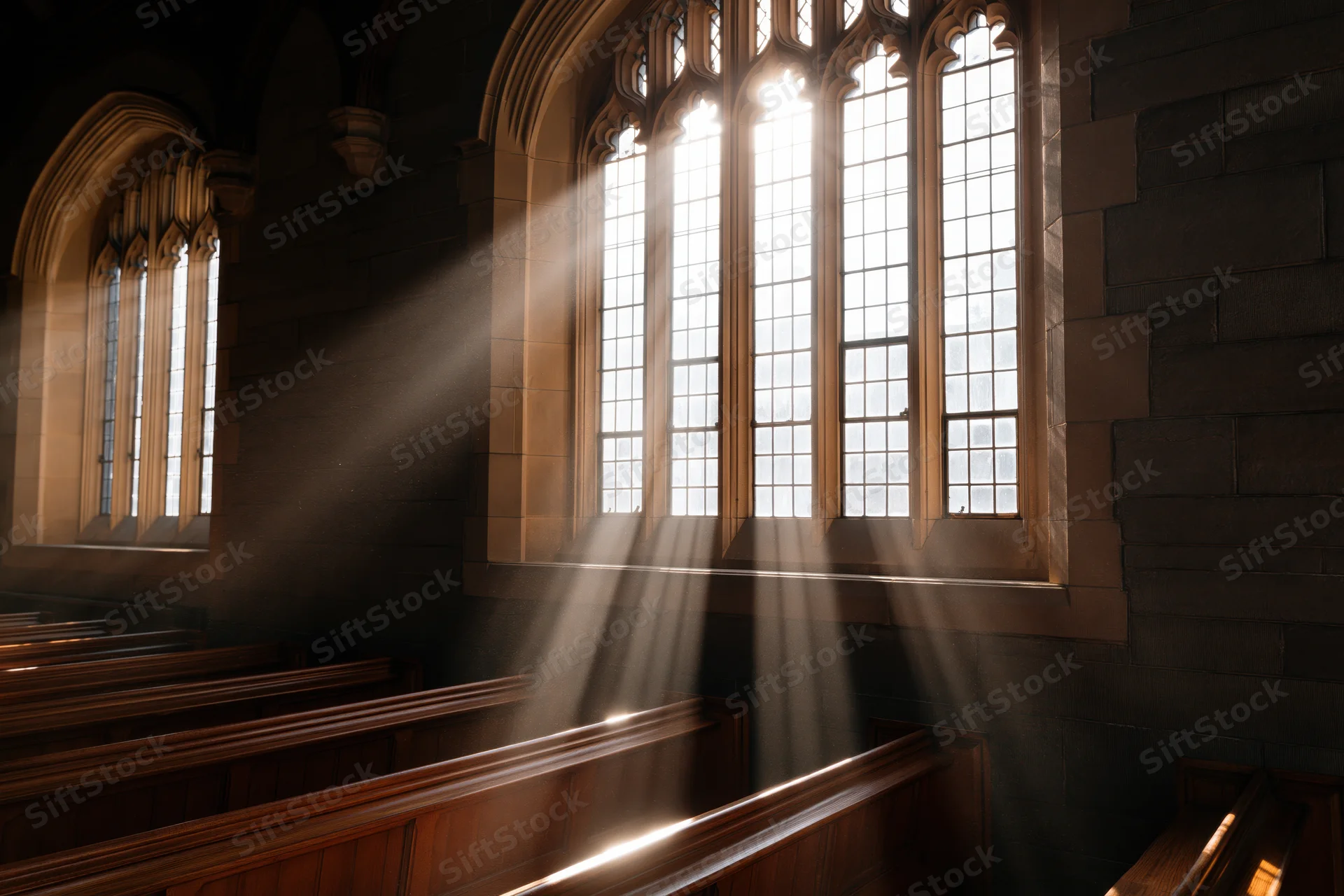 Sunlight streaming through arched stained glass windows in a stone church interior with wooden pews