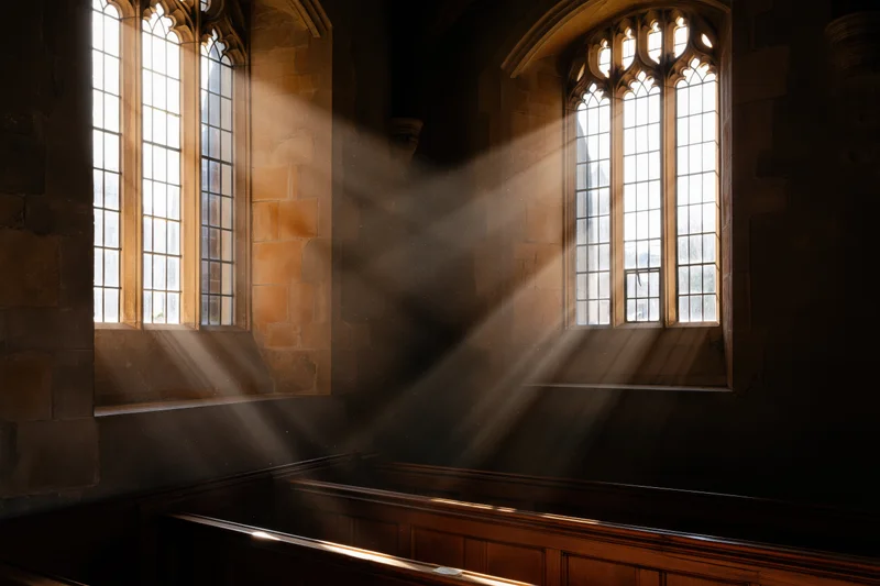 Sunlight streaming through gothic windows in an old stone church interior