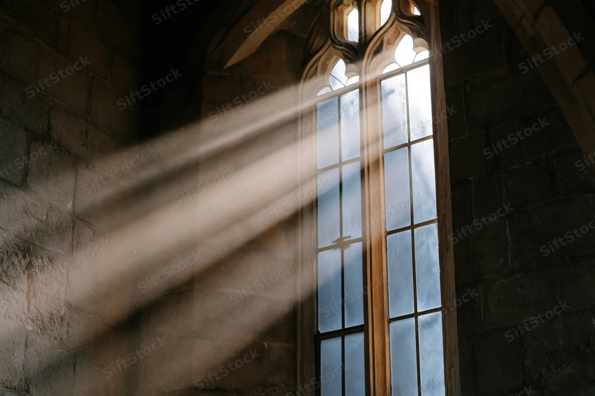 Sunlight streaming through a tall gothic arched window in an old stone church interior