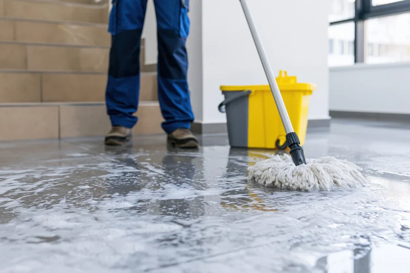 Janitor mopping a wet reflective tiled floor at the base of stairs in an office interior