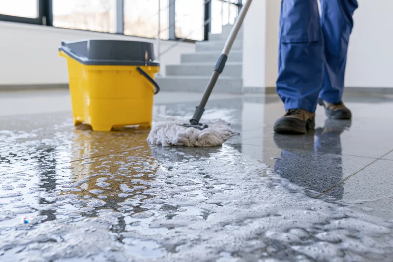 Janitor mopping a wet reflective tiled floor near a staircase in an office building
