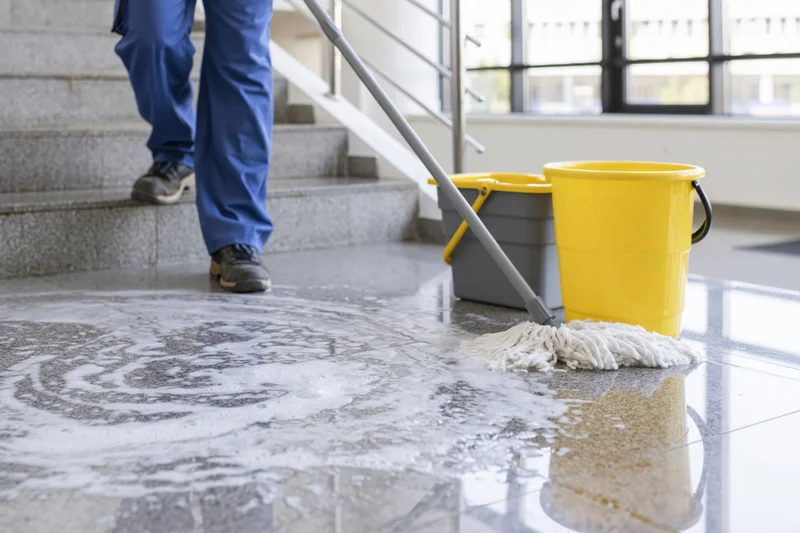 Janitor mopping a wet reflective floor at the base of a stair