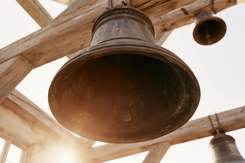Large aged bronze church bell hanging from wooden beams in a belfry with sunlight glowing through