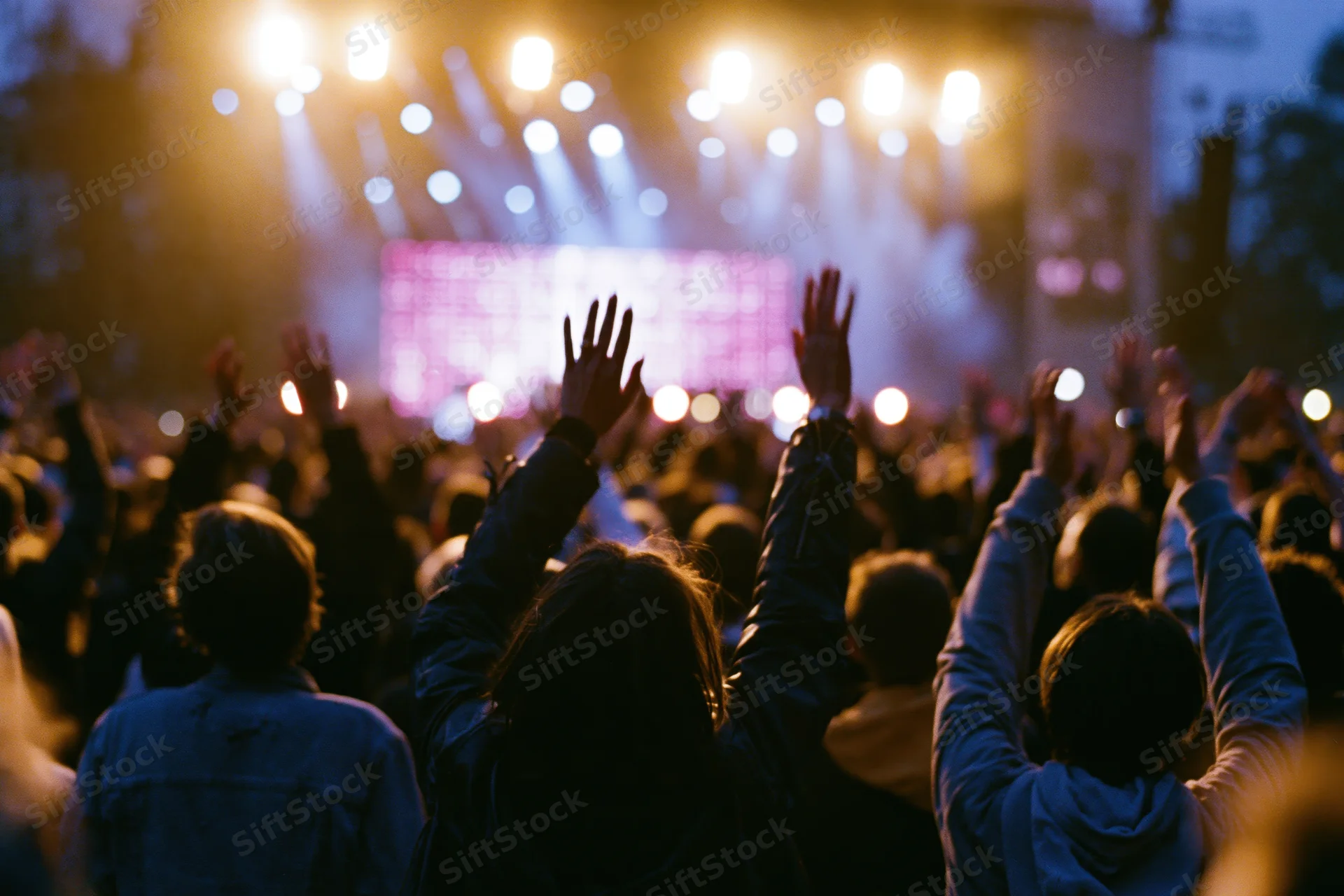 Crowd at outdoor concert raising hands toward stage lights at night