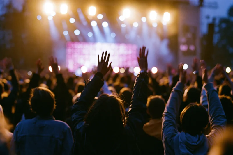 Crowd at outdoor concert raising hands toward stage lights at night